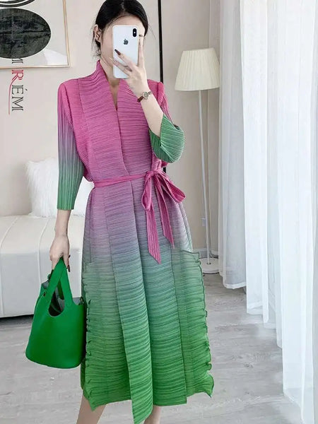 Contrast Color Pleated Dress For Women Open Stitch Belt Midi Elegant Dresses Ladies Party Clothing Spring 2R7326
