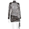 Turtleneck Sexy Sheer Print Leopard Bandage Women Dress Long Sleeve Mini Dress Lady Spring Slim Elegant Party Club Dress