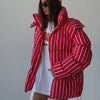Winter Striped Women's Hooded Quilted Jacket Thicken Zipper Long Sleeve Short Coat Casual Female Loose Warm Outerwear