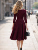 Women Elegant Square Neck 3/4 Sleeve Autumn Work Party Midi Dress Solid Color Zip Front Solid Business Casual Swing A-Line Dress