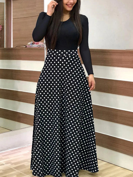 Polka Dot Print Medium Stretch Maxi Dress, Women's Plus High Waist Elegant Long Dress