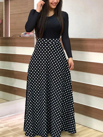 Polka Dot Print Medium Stretch Maxi Dress, Women's Plus High Waist Elegant Long Dress