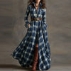 Autumn Elegant Lapel Button Long Dress Lady Casual Long Sleeve Pocket Party Dress Vintage Plaid Printed Draped Loose Shirt Dress
