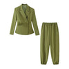 Olive Green Asymmetric Blazer & Pants Set – Women's Ruched Waist Suit Two Piece Office Lady Autumn