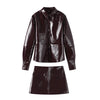 Women PU Skirt Set Casual Single Breasted Long Sleeve Female Jacket Hip Package Short Skirts Suit Lady Streetwear