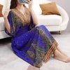 Women Bohemian Ethnic Printed Holiday Dress V-Neck Elastic Waist Casual Batswing Sleeve Mid Dress Elegant Vintage Retro Dress