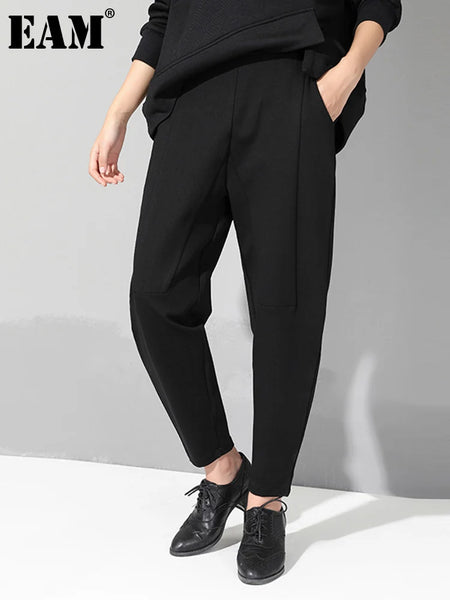 Women Patchwork Split Joint Brief Pants Spring Autumn High Elastic Waist Black Loose Trousers Tide JQ013