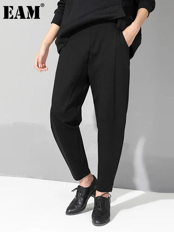 Women Patchwork Split Joint Brief Pants Spring Autumn High Elastic Waist Black Loose Trousers Tide JQ013