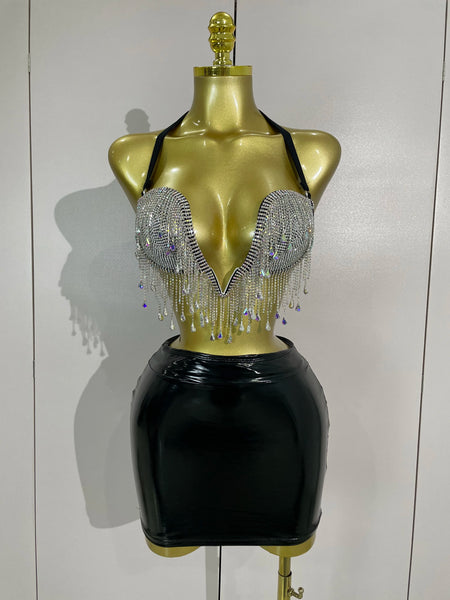 Stock Sparkly Diamonds Chain Top Mini Dress Two Pieces Women Eveing Celebrate Party NightClub Festival Outfit Sexy Stage Costume