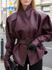 Lady Retro Burgundy Belted Leather Jacket Solid Stand Collar Long-sleeved Cropped Coat Women Daily Street Outerwear
