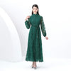 Spring Autumn European American Stand Up Collar Single Breasted Lace Dress Women Elegant Embroidery Large Swing Long Dress C205