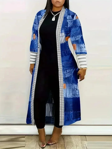 Plus Size 1XL-5XL Women's Long Jacket Casual Printed Cardigan Jacket Spring and Autumn Long Sleeved Jacket