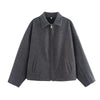 Brown Zipper Woolen Jacket For Women Elegant Lapel Long Sleeve Short Coats Vintage Autumn Lady Street Outerwear