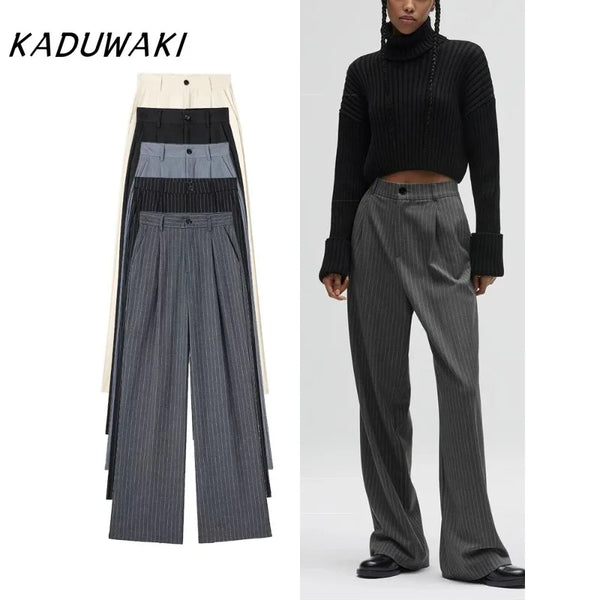Women's High Waist Striped Straight Leg Pants Vintage Zipper Loose Solid Color Pants Office Casual Women's Pant