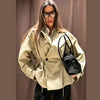 Women's Khaki Short Trench Coat Chic Lapel Collar Single Button Drawstring Waist Adjustable Oversized Jacket Commuting Outerwear