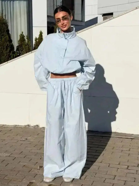 Women's Two-piece Set Stand Up Collar Short Zipper Cardigan Wide Leg Pants Autumn 19DB1233