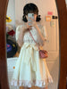Japanese Sweet Lovely Bow Apricot Dress Set Women Kawaii Lace Puff Sleeve Dresses Vintage Chic Pink Knit Cardigan