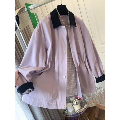 Retro Color Contrast Pink Polo Collar Loose Mid-length Coat for Women Spring and Autumn Korean Style Trench