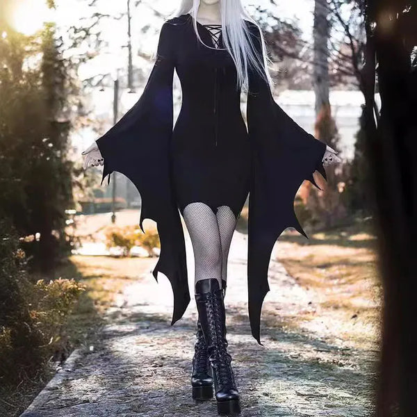 Gothic Grunge Punk Mini Dress for Women Batwing Long Sleeve Slim V-Neck Lace-Up Dresses Y2K Harajuku Party Bodycon Dress