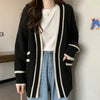 Autumn Vintage Mid Long Sweater Cardigan Woman Preppy Style Contrast Color Knitted Coat No Button Casual Street Open Outerwear