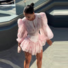 Print Shoulder Pad Waist Cinching Short Dress Women Sexy O-neck Lantern Long Sleeve Cascading Ruffle Slim Dresses Chic Partywear