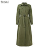 Women Autumn Cargo Maxi Long Dresses Casual Long Sleeve Pockets Belted Collared Shirt Dress Commuting Workwear S-3XL