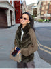 Women Chic Faux Fur Patchwork Short Jacket Cause Full Sleeve Loose Zipper Furry Warm Quilted Coat Lady Winter Street Wear