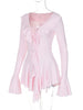 Women's Elegant Casual Dress Spring Deep V Neck Flared Sleeve Ruffled Lace Pleated Short Dress