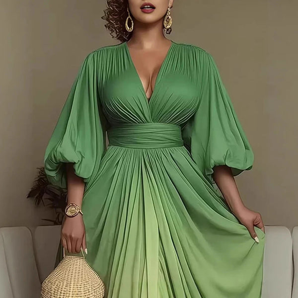 Women Gradient Evening Maxi Dress Deep V-Neck Puff Sleeve Bodycon Ruched Waist Flowy Slit Elegant Occasion Gown Party Dresses