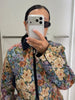Vintage Floral Print Women Cropped Jacket Contrast Velvet Collar Zip Up Long Sleeve Slim Fit Side Pockets Coat Outerwear