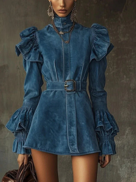 Women's Vintage Blue Denim Mini Dress High Neck Ruffle Puff Sleeve Flare Cuff Belted Waist Elegant Party Bodycon Dress