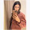 Women's Pink Corduroy Pu Leather Collar Cropped Jacket Long Sleeve Zipper Coat All-match Spring Autumn Outfit