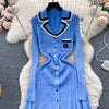 Autumn Winter Wear Dress Women Polo Single Breasted Pocket Design Bodycon Knitting Temperament Sweater Long Dresses