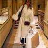 White Fur Patchwork Lace-up Overcoats Women's Street V-neck Full Sleeve Long Woolen Coat Winter Ladies Thick Outwear