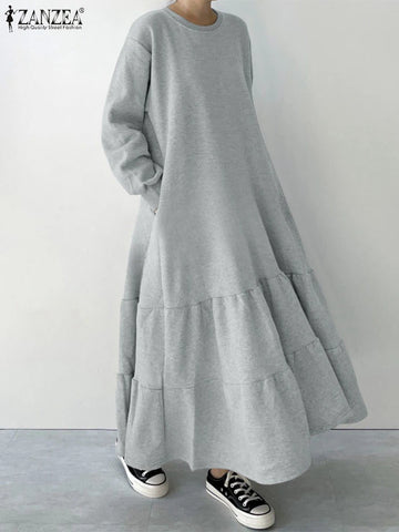 Stylish Ruffled Hem Sweatshirt Dresses Autumn Crew Neck Long Sleeve Solid Color Pullover Robes Femme Maxi Vestidos