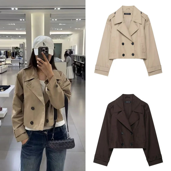 autumn product women's classic double-breaked lapel simple short trench coat casual coat