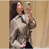 Women Short Trench Coat Jacket Plaid Lapel Double Breasted Belted Waist Loose Long Sleeve Checkered Cropped Lady Autumn Coat