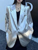 Women Silver Big Size Glossy Sensation Blazer Lapel Long Sleeve Loose Jacket Tide Autumn 31A0901