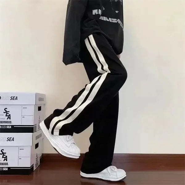 Korean Wide Leg Pant Women Loose Casual Striped High Waist Woman Hiphop Elastic Waists Pocket Straight Pants