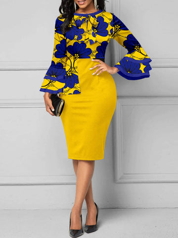 Women Long Sleeves Ethnic Floral Print Round Neck Autumn Knee Length Bodycon Dress Casual Commuter Party Pencil Dress