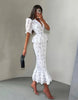 Women White Floral Print Puff Sleeve Blazer Collar Peplum Mermaid Midi Dress Elegant Casual Gown Bridesmaid Wedding Sundress