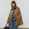 Women Cotton Jacket Winter Retro Diamond Grid Workwear Large Pocket Mid Length Jacket Brown