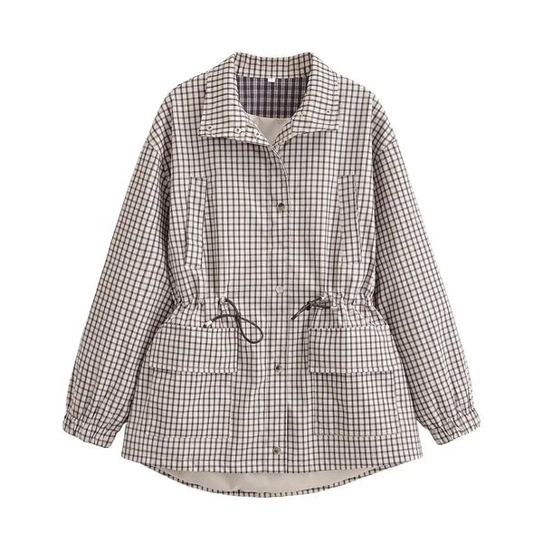 Women's European and American Style Simple Stand-up Collar Plaid Coat Pleated Coats