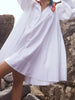 Women's White Stand Collar Pleated Mini Dresses Long Puff Sleeves Buttoned Oversized Casual Cotton Shirts Dress