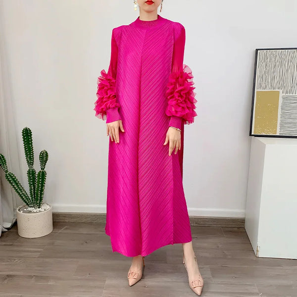 Pleated Dress Round Neck Spliced Fungus Full Sleeve Dresses For Women 2026New Spring Clothing