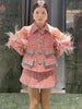 Women Auutmn Winter Sweet Feather Single Breasted Tweed Short Jacket High Waist A-Line Skirt Offce Ladies Two Piece Set