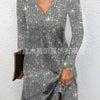 Women's Silver Sequins Evening Dress Long Sleeve Solid V Neck Sparkly Party Mini Dress Elegant Autumn Prom Dresses