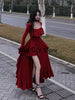 Spring Women Elegant Long Slevee Midi Dress Female Red Square Collar Ruffle Party Dress Christmas Irregular Prom Dress