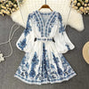 Autumn Women's V-neck Long Sleeved Bohemian Printed Dress Retro Lantern Sleeve Chinese Style Blue White Porcelain Dress