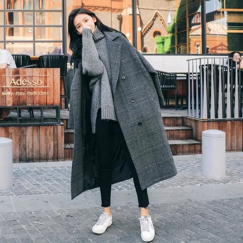Plaid Woolen Coat Women's Mid-length Korean Version Loose Autumn and Winter Student Loose Over-the-knee woolen Coat W52